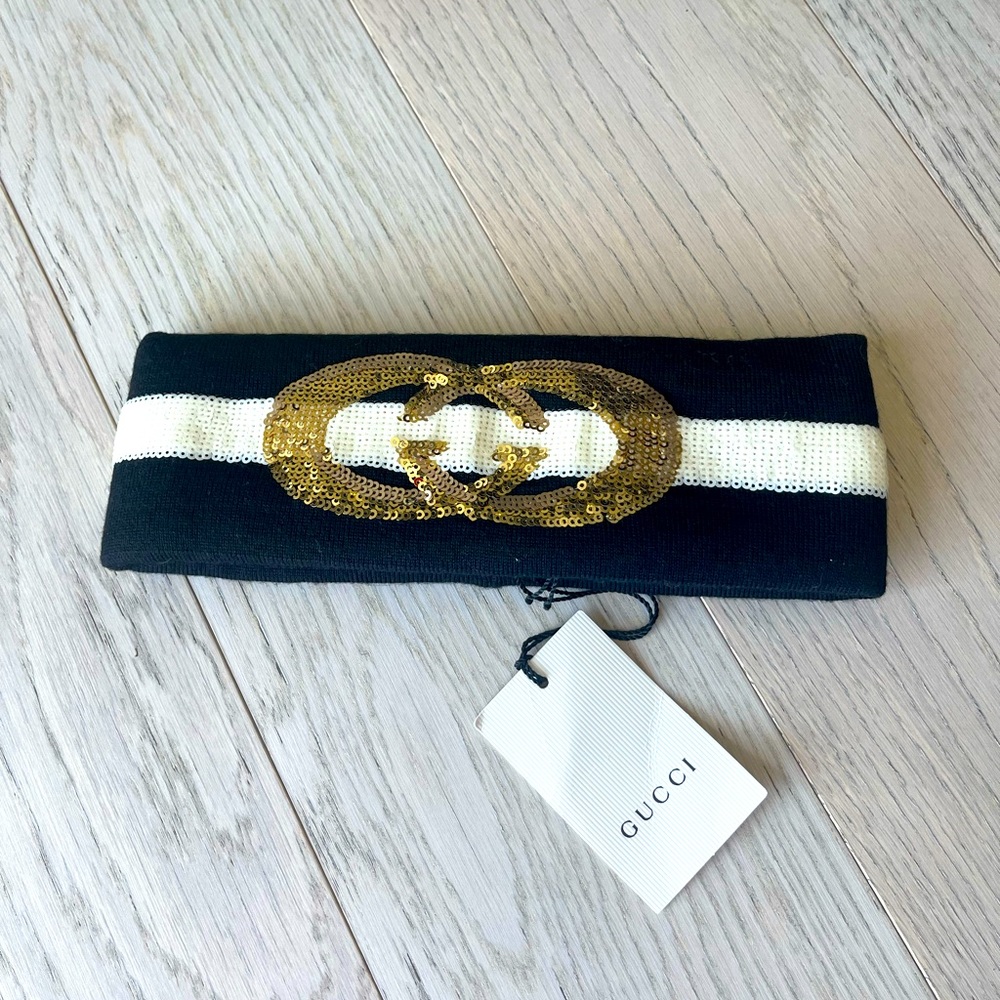 AUTH GUCCI GG Sequin Wool Black Ivory Gold Headband Size S with tag